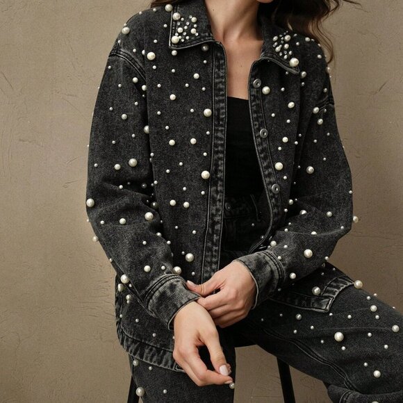 Black Casual Women's Long Cardigan Denim Shirt Blouse w/Pearls And Rhinestones - Picture 5 of 7